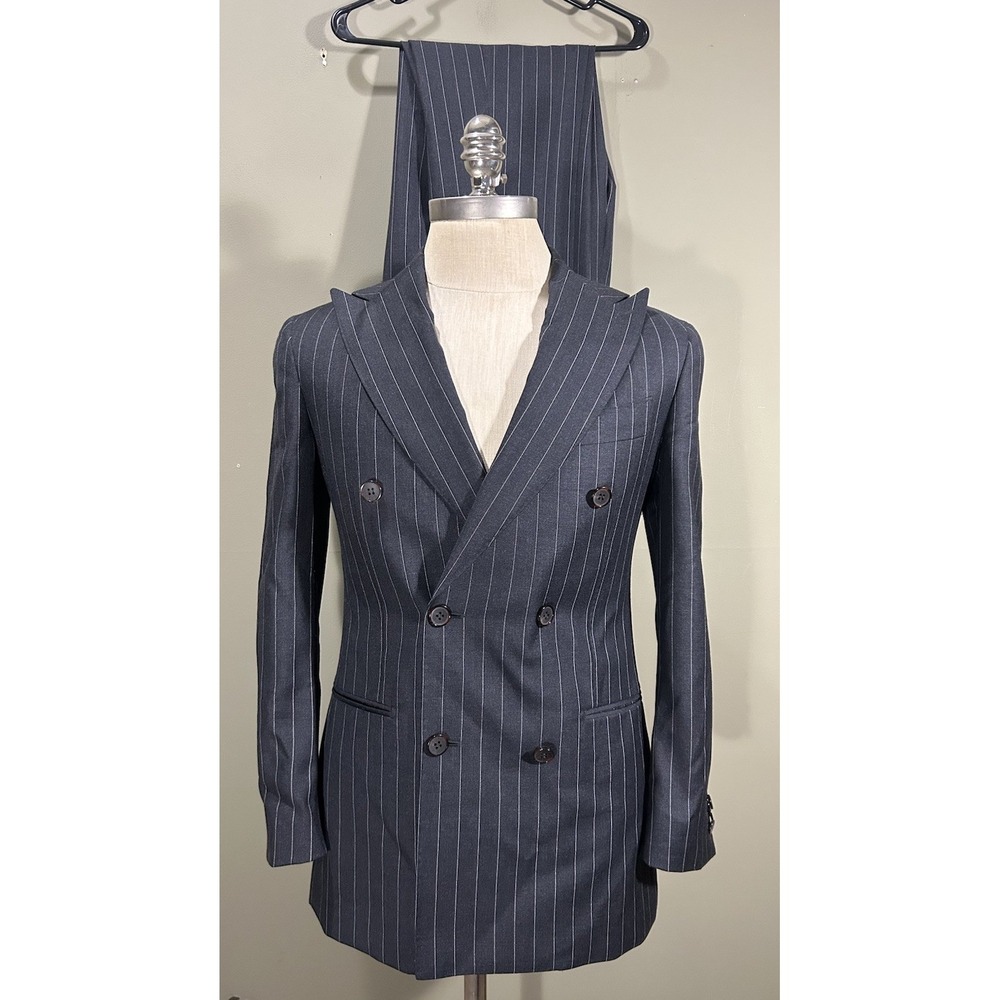 SuitSupply Vitale Barberis Peak Lapel Black Pinstripe 2 Pc Suit 34R Cuff 31x30